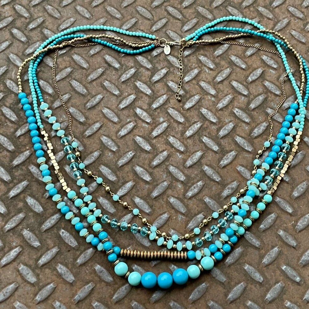 Women Necklace Multi Layer Blue/Gold Tone Statement Long Necklace Fashion Jewelr - Picture 2 of 9